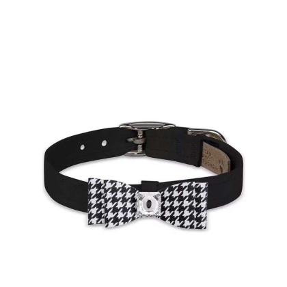 Black/Black & White Houndstooth  - Susan Lanci Designs Black & White Houndstooth Big Bow Collar - Medium