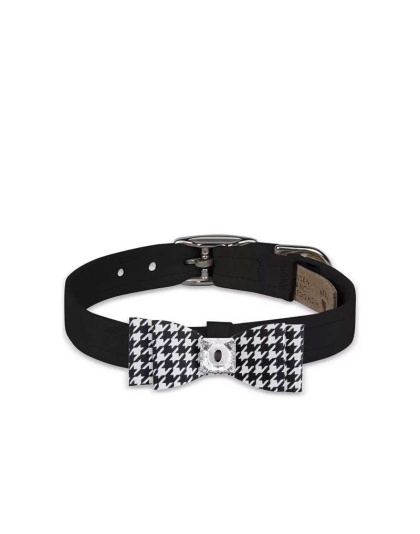 Black/Black & White Houndstooth  - Susan Lanci Designs Black & White Houndstooth Big Bow Collar - Medium