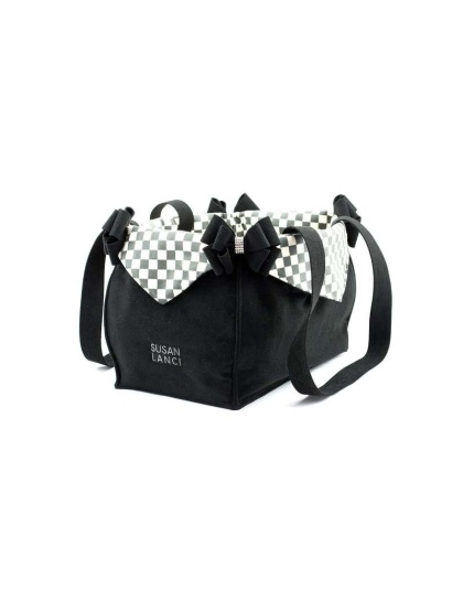 Black - Susan Lanci Designs Black Double Nouveau Bow Luxury Carrier with Windsor Check Flaps - 1