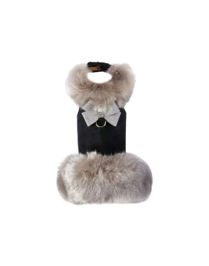 Black - Susan Lanci Designs Platinum Glitzerati Nouveau Bow Silver Fox Faux Fur Coat - Large