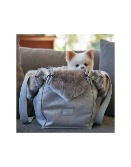 Platinum Glitzerati - Susan Lanci Designs Platinum Glitzerati Double Nouveau Bow Luxury Carrier with Fur Trim - 1