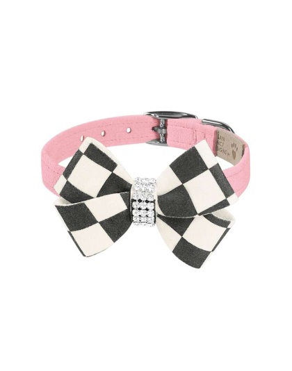 Puppy Pink - Susan Lanci Designs Windsor Check Nouveau Bow Collar - XXS