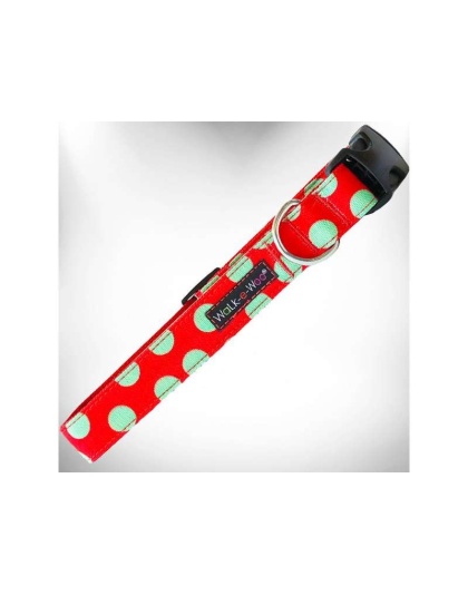 Mint Green Dot on Red - Polka Dot Dog Collars - XS 5/8" width fits 8-12" neck