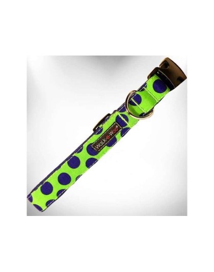 Blue Dot on Green - Polka Dot Dog - Neon Collars - M 1" width fits 12-18" neck