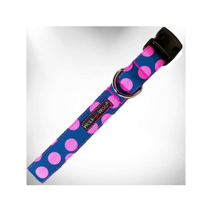 Pink Dot on Blue - Polka Dot Dog Collars - L 1" width fits 14-25" neck