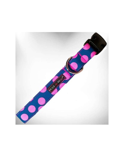 Pink Dot on Blue - Polka Dot Dog Collars - M 1" width fits 12-18" neck
