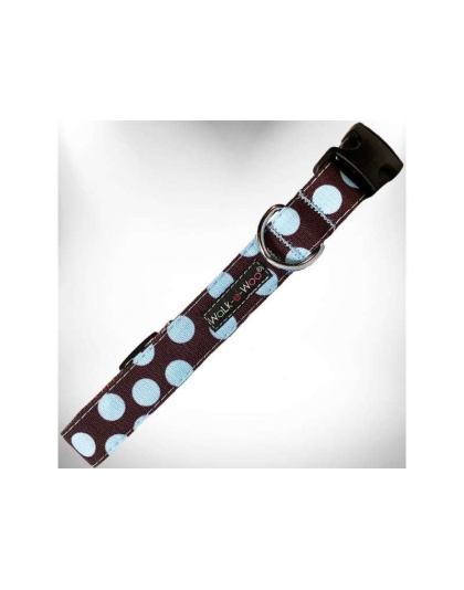 Blue Dot on Brown - Polka Dot Dog Collars - S 3/4" width fits 10-14" neck