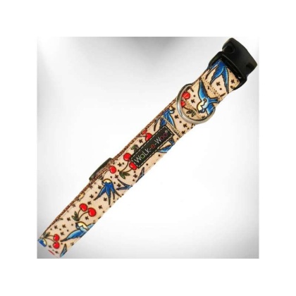 Bluebird & Cherries - Tattoo Dog Collars - L 1" width fits 14-25" neck