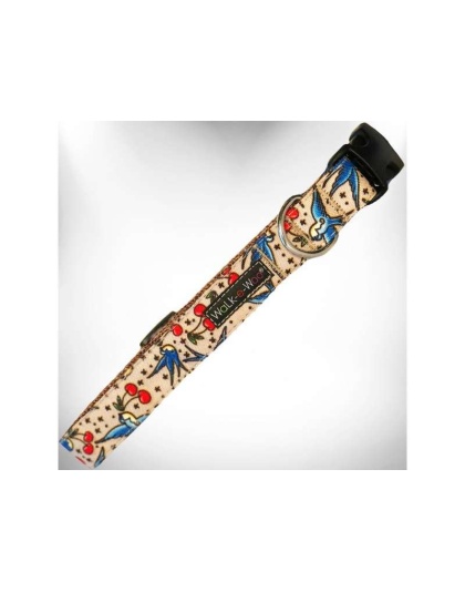 Bluebird & Cherries - Tattoo Dog Collars - XL 1.5" wide fits 18-28" neck