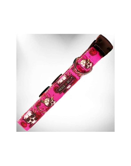 Pink Skulls n' Roses - Tattoo Dog Collars - M 1" width fits 12-18" neck