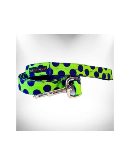 Blue Dot on Green - Polka Dot Dog - Neon Leads  - REGULAR Lead 1" width- 5' length