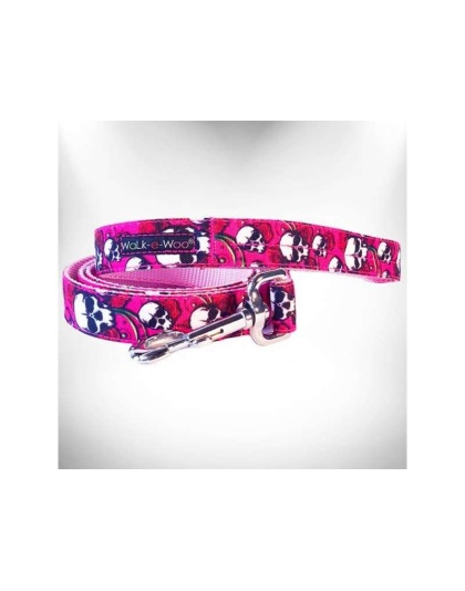Pink Skulls n' Roses - Tattoo Dog Leads  - REGULAR Lead 1" width- 5' length