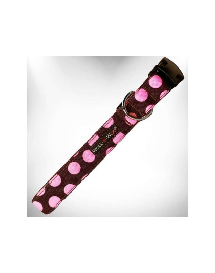 Pink Dot on Brown - Polka Dot Dog Collars - L 1" width fits 14-25" neck