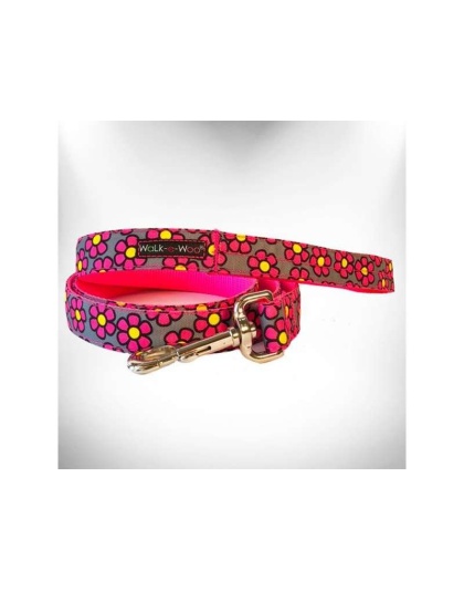 Pink Daisies on Grey - Flower Dog Leads  - REGULAR Lead 1" width- 5' length