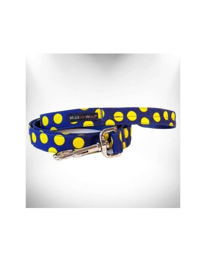 Yellow Dot on Blue - Polka Dot Dog Leads  - REGULAR Lead 1" width- 5' length