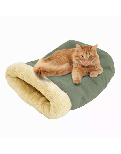 Sage Green - GOOPAWS 4 in 1 Self Warming Burrow Cat Bed, Pet Hideway Sleeping Cuddle Cave - 22" x14" x10"