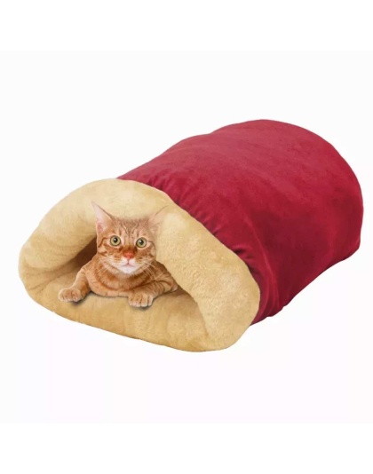 Burgundy - GOOPAWS 4 in 1 Self Warming Burrow Cat Bed, Pet Hideway Sleeping Cuddle Cave - 22" x14" x10"