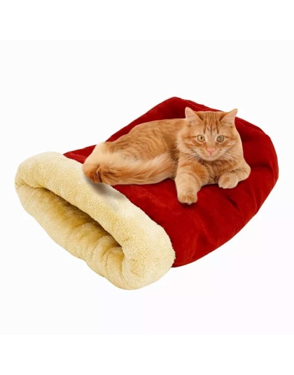 Burgundy - GOOPAWS 4 in 1 Self Warming Burrow Cat Bed, Pet Hideway Sleeping Cuddle Cave - 22" x14" x10"
