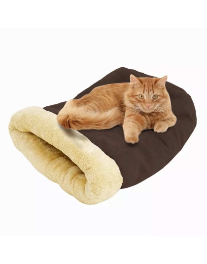 Coffee - GOOPAWS 4 in 1 Self Warming Burrow Cat Bed, Pet Hideway Sleeping Cuddle Cave - 22" x14" x10"