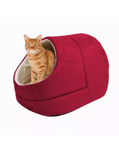 Burgundy - GOOPAWS Cat Cave for Cat and Warming Burrow Cat Bed, Pet Hideway Sleeping Cuddle Cave - 18" x14" x12"