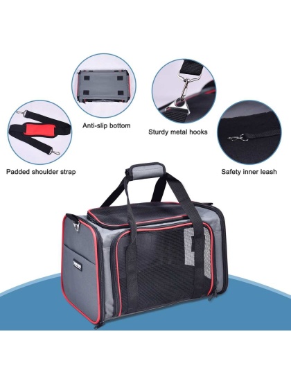 Grey / Red - GOOPAWS Soft-Sided Kennel Pet Carrier for Small Dogs, Cats, Puppy, Airline Approved Cat Carriers Dog Carrier Collapsible, Travel Handbag & Car Seat - 17" x 10" x 11.5"