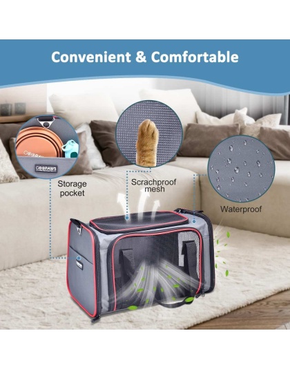 Grey / Red - GOOPAWS Soft-Sided Kennel Pet Carrier for Small Dogs, Cats, Puppy, Airline Approved Cat Carriers Dog Carrier Collapsible, Travel Handbag & Car Seat - 17" x 10" x 11.5"