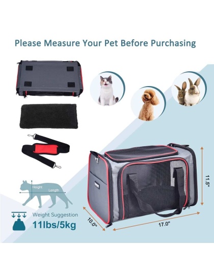 Grey / Red - GOOPAWS Soft-Sided Kennel Pet Carrier for Small Dogs, Cats, Puppy, Airline Approved Cat Carriers Dog Carrier Collapsible, Travel Handbag & Car Seat - 17" x 10" x 11.5"