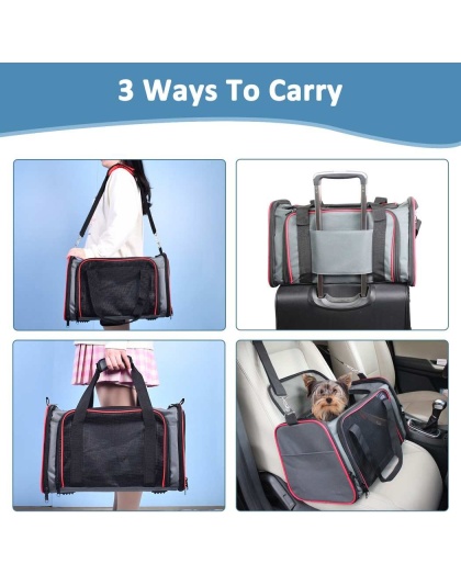 Grey / Red - GOOPAWS Soft-Sided Kennel Pet Carrier for Small Dogs, Cats, Puppy, Airline Approved Cat Carriers Dog Carrier Collapsible, Travel Handbag & Car Seat - 17" x 10" x 11.5"