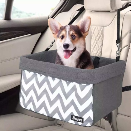Gray Stripe - JESPET & GOOPAWS Dog Booster Seats for Cars, Portable Dog Car Seat Travel Carrier with Seat Belt for 24lbs Pets - 16" L x 13" D x 9" H