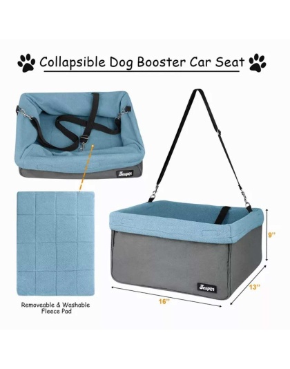 Grey - JESPET & GOOPAWS Dog Booster Seats for Cars, Portable Dog Car Seat Travel Carrier with Seat Belt for 24lbs Pets - 16" L x 13" D x 9" H