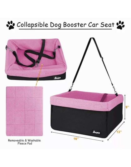 Pink - JESPET & GOOPAWS Dog Booster Seats for Cars, Portable Dog Car Seat Travel Carrier with Seat Belt for 24lbs Pets - 16" L x 13" D x 9" H