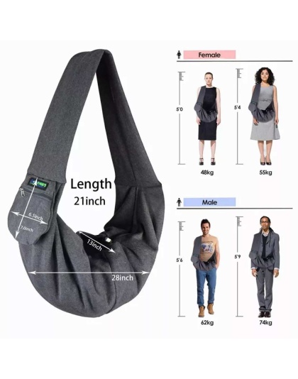 Grey - JESPET Comfy Pet Sling for Small Dog Cat, Hand Free Sling Bag Breathable Soft Knit with Front Pocket, Travel Puppy Carrying Bag, Pet Pouch. Machine Washable - 28" L x 13" H