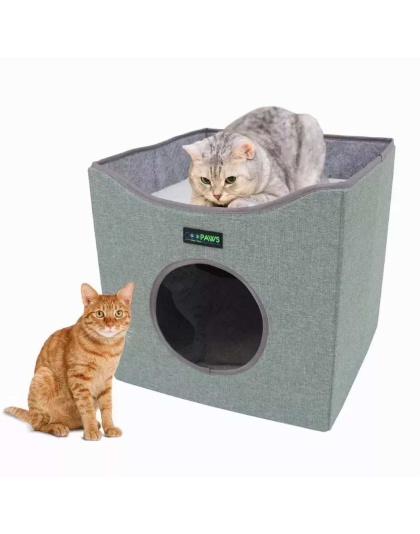 Sage Green - JESPET Foldable Cat Condo, Cat Cube House & Sleepping Bed with Lying Surface and 2 Reversible Cushions, Cat Hiding Place, Cat Cave, Linenette Fabric, Felt and Engineered Wood, Scratch Resista - 15.4" x15.4" x15"