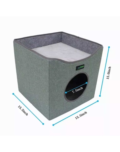 Sage Green - JESPET Foldable Cat Condo, Cat Cube House & Sleepping Bed with Lying Surface and 2 Reversible Cushions, Cat Hiding Place, Cat Cave, Linenette Fabric, Felt and Engineered Wood, Scratch Resista - 15.4" x15.4" x15"
