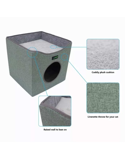 Sage Green - JESPET Foldable Cat Condo, Cat Cube House & Sleepping Bed with Lying Surface and 2 Reversible Cushions, Cat Hiding Place, Cat Cave, Linenette Fabric, Felt and Engineered Wood, Scratch Resista - 15.4" x15.4" x15"