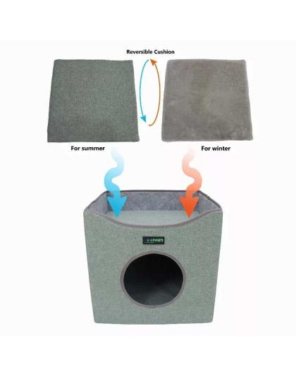 Sage Green - JESPET Foldable Cat Condo, Cat Cube House & Sleepping Bed with Lying Surface and 2 Reversible Cushions, Cat Hiding Place, Cat Cave, Linenette Fabric, Felt and Engineered Wood, Scratch Resista - 15.4" x15.4" x15"