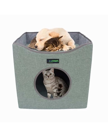 Sage Green - JESPET Foldable Cat Condo, Cat Cube House & Sleepping Bed with Lying Surface and 2 Reversible Cushions, Cat Hiding Place, Cat Cave, Linenette Fabric, Felt and Engineered Wood, Scratch Resista - 15.4" x15.4" x15"