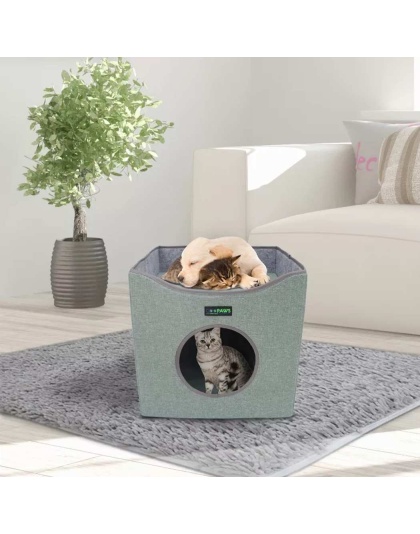 Sage Green - JESPET Foldable Cat Condo, Cat Cube House & Sleepping Bed with Lying Surface and 2 Reversible Cushions, Cat Hiding Place, Cat Cave, Linenette Fabric, Felt and Engineered Wood, Scratch Resista - 15.4" x15.4" x15"