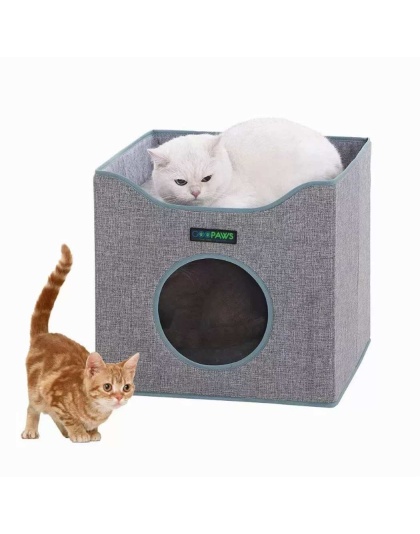Smoke Gray - JESPET Foldable Cat Condo, Cat Cube House & Sleepping Bed with Lying Surface and 2 Reversible Cushions, Cat Hiding Place, Cat Cave, Linenette Fabric, Felt and Engineered Wood, Scratch Resista - 15.4" x15.4" x15"
