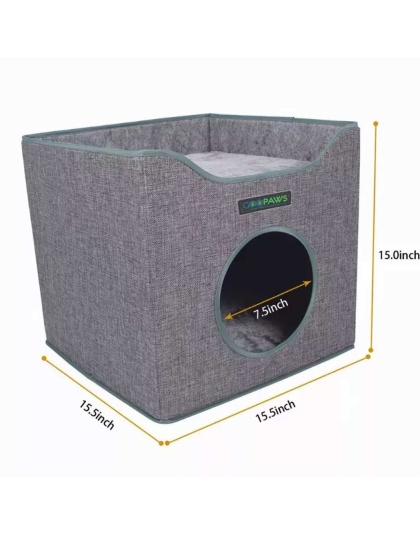 Smoke Gray - JESPET Foldable Cat Condo, Cat Cube House & Sleepping Bed with Lying Surface and 2 Reversible Cushions, Cat Hiding Place, Cat Cave, Linenette Fabric, Felt and Engineered Wood, Scratch Resista - 15.4" x15.4" x15"