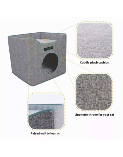 Smoke Gray - JESPET Foldable Cat Condo, Cat Cube House & Sleepping Bed with Lying Surface and 2 Reversible Cushions, Cat Hiding Place, Cat Cave, Linenette Fabric, Felt and Engineered Wood, Scratch Resista - 15.4" x15.4" x15"