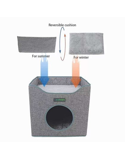 Smoke Gray - JESPET Foldable Cat Condo, Cat Cube House & Sleepping Bed with Lying Surface and 2 Reversible Cushions, Cat Hiding Place, Cat Cave, Linenette Fabric, Felt and Engineered Wood, Scratch Resista - 15.4" x15.4" x15"