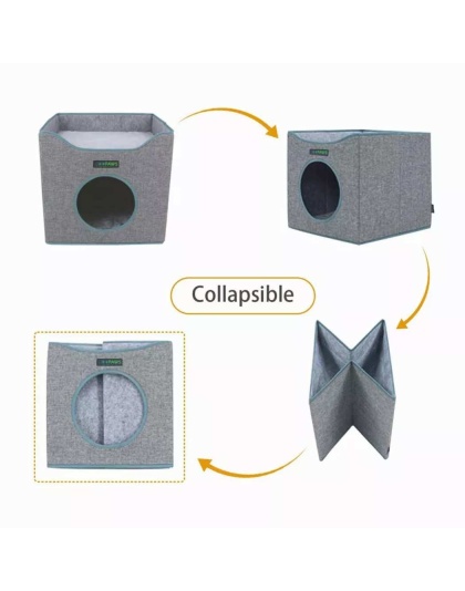 Smoke Gray - JESPET Foldable Cat Condo, Cat Cube House & Sleepping Bed with Lying Surface and 2 Reversible Cushions, Cat Hiding Place, Cat Cave, Linenette Fabric, Felt and Engineered Wood, Scratch Resista - 15.4" x15.4" x15"