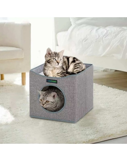 Smoke Gray - JESPET Foldable Cat Condo, Cat Cube House & Sleepping Bed with Lying Surface and 2 Reversible Cushions, Cat Hiding Place, Cat Cave, Linenette Fabric, Felt and Engineered Wood, Scratch Resista - 15.4" x15.4" x15"