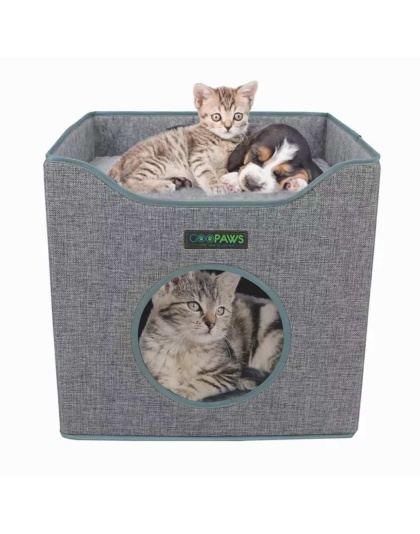 Smoke Gray - JESPET Foldable Cat Condo, Cat Cube House & Sleepping Bed with Lying Surface and 2 Reversible Cushions, Cat Hiding Place, Cat Cave, Linenette Fabric, Felt and Engineered Wood, Scratch Resista - 15.4" x15.4" x15"