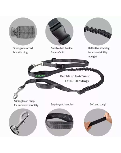 Black - JESPET Hands Free Dog Leash for Running, Walking, Hiking Jogging for Medium & Large Dogs up to 150lbs, Durable Dual Handle Waist Leash with Reflective Bungee and Adjustable Waist - 1'' x 48''