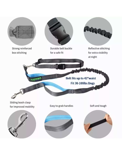 Blue - JESPET Hands Free Dog Leash for Running, Walking, Hiking Jogging for Medium & Large Dogs up to 150lbs, Durable Dual Handle Waist Leash with Reflective Bungee and Adjustable Waist - 1'' x 48''