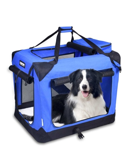 Blue - JESPET Soft Pet Crates Kennel, 3 Door Soft Sided Folding Travel Pet Carrier with Straps and Fleece Mat for Dogs, Cats, Rabbits, Indoor/Outdoor Use with Grey, Blue & Beige, Black - 36"L x 24"W x 27"H