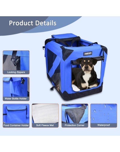 Blue - JESPET Soft Pet Crates Kennel, 3 Door Soft Sided Folding Travel Pet Carrier with Straps and Fleece Mat for Dogs, Cats, Rabbits, Indoor/Outdoor Use with Grey, Blue & Beige, Black - 36"L x 24"W x 27"H
