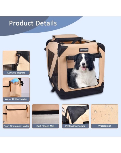 Beige - JESPET Soft Pet Crates Kennel, 3 Door Soft Sided Folding Travel Pet Carrier with Straps and Fleece Mat for Dogs, Cats, Rabbits, Indoor/Outdoor Use with Grey, Blue & Beige, Black - 36"L x 24"W x 27"H
